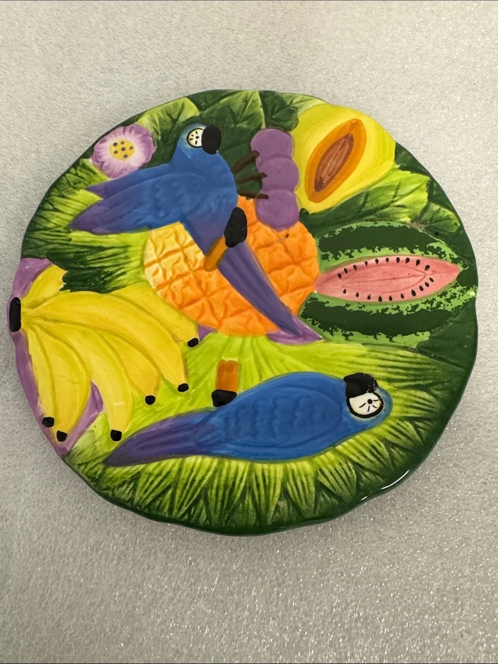 Decorative Blue Parrot Ceramic Bird Plaque - Handpainted Tropical Wall Art/tray